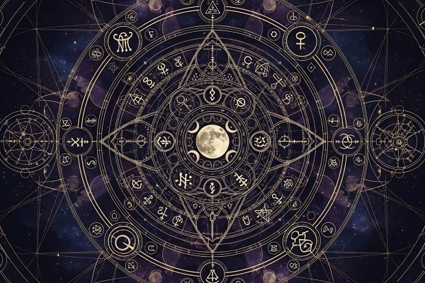 A dark and intricate astrological wheel featuring celestial bodies and esoteric symbols.